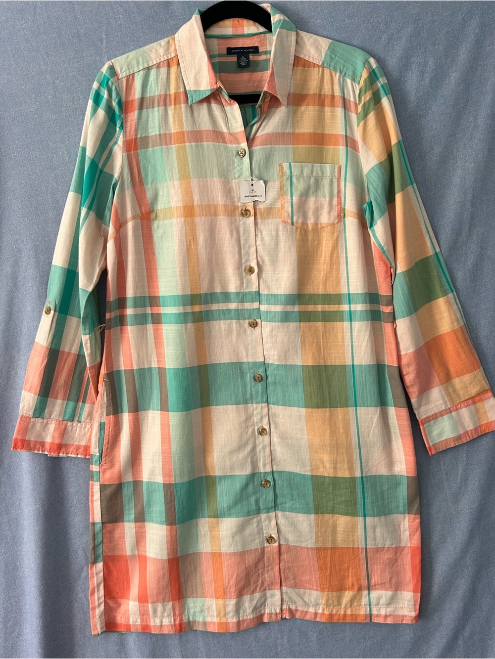 Tommy Hilfiger Madras Plaid Shirt Dress Mint, Peach & Cream SZ M -NO BELT